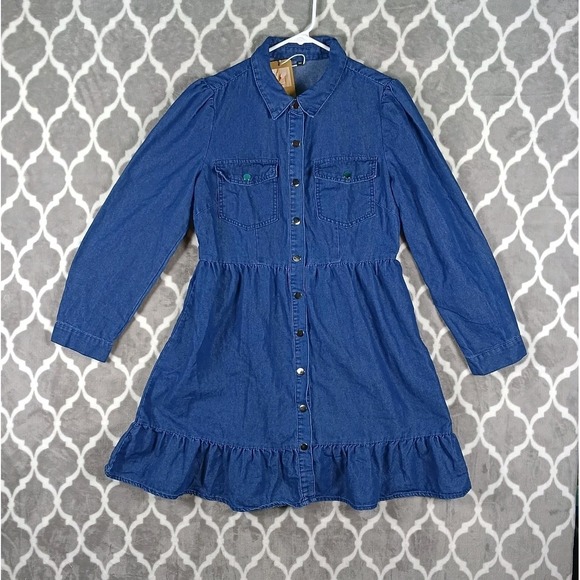 The Unbranded Brand Dresses & Skirts - Denim Mini Dress Size Medium Blue Long Sleeve Cottage Cowgirl Western Ruffle